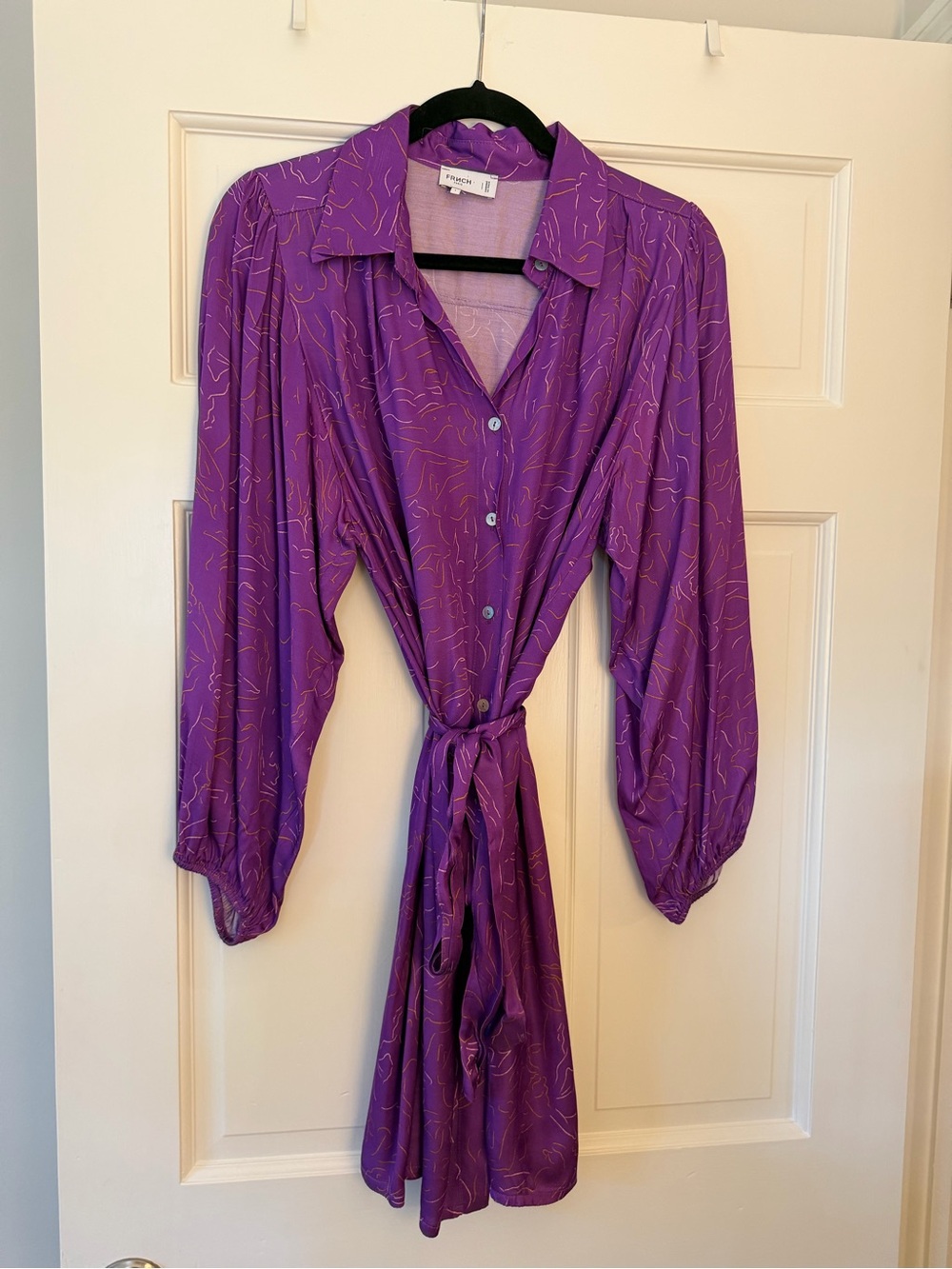 FRNCH Purple Long-Sleeve Tie-Front Shirt Dress with Gold Accents